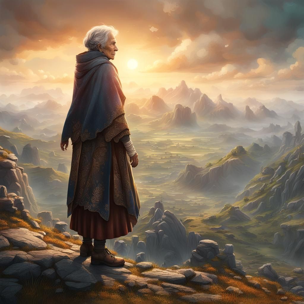 Woman on Mountain Top: Detailed Matte Painting