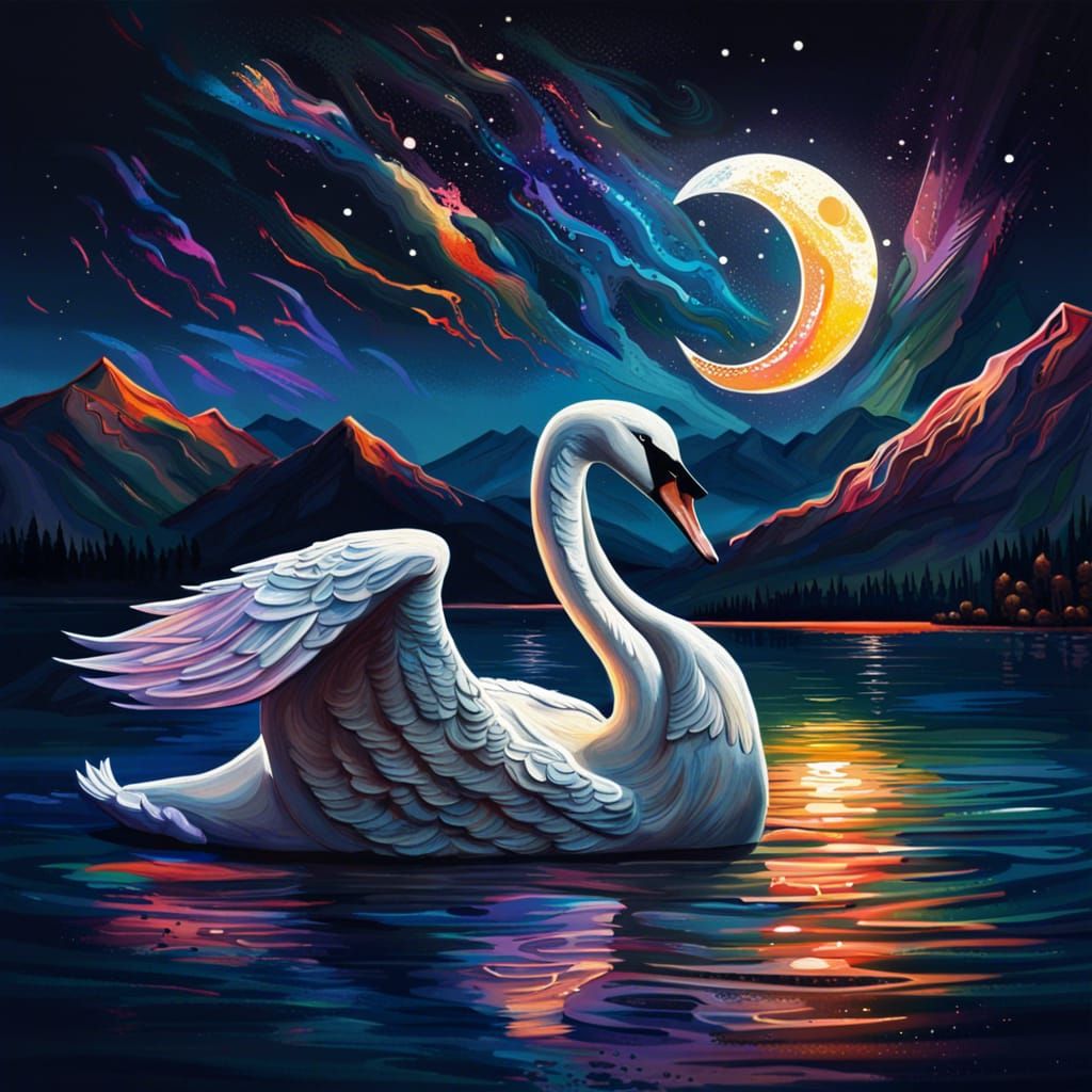 Hyperrealistic Swan Lake at Night Under Stars