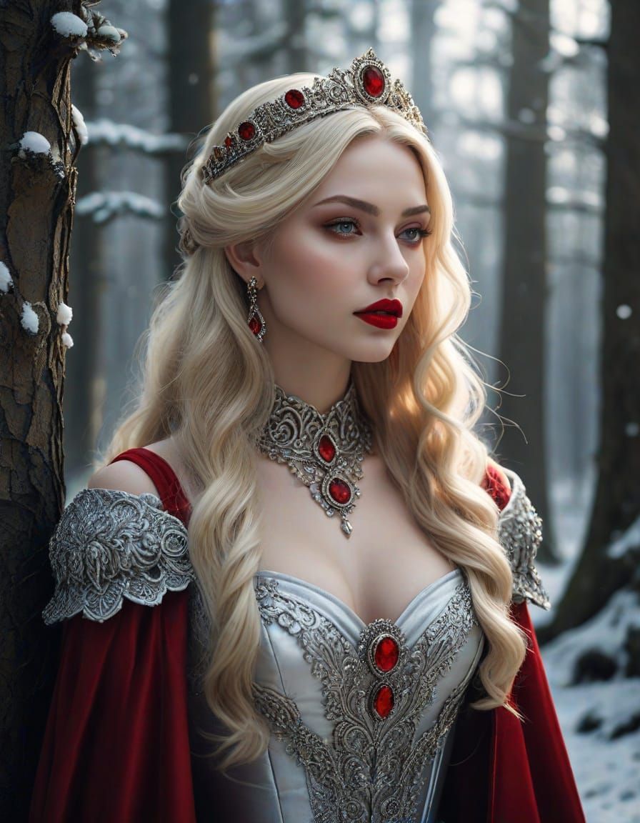 Vampire Goddess in Snowy Forest with Baroque Flair