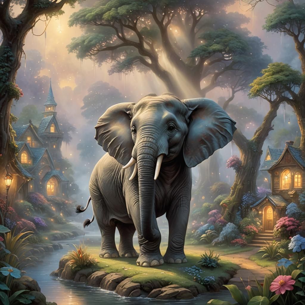 Cute Elephant in Ethereal Hyperdetailed Forest