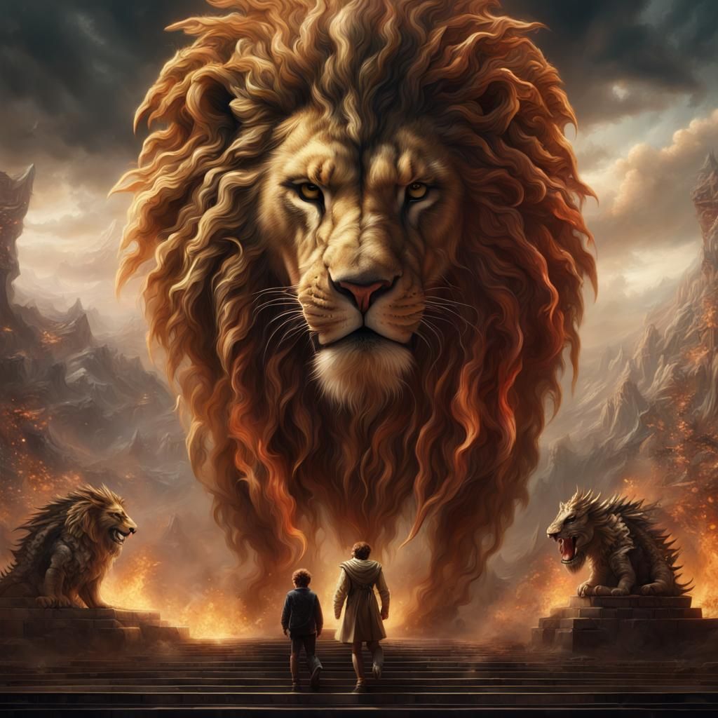 Majestic Lion and Dragon Face-to-Face in Digital Painting
