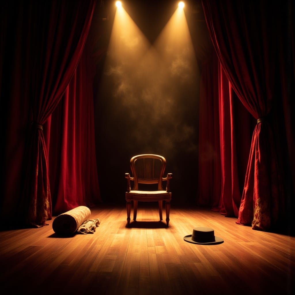 Empty Theater Stage with Single Chair and Props