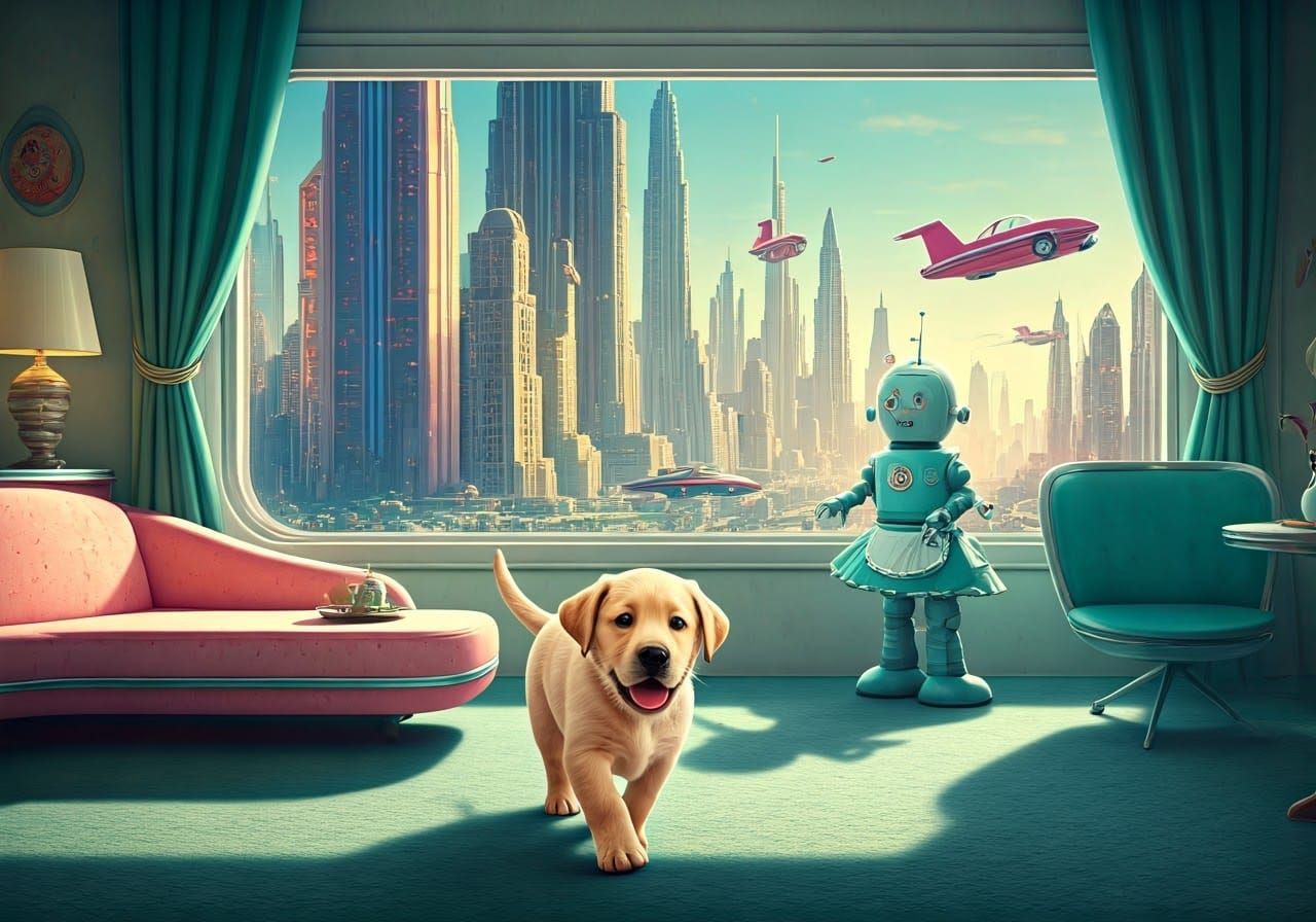 Retro-Futuristic Scene with Golden Lab and Flying Cars