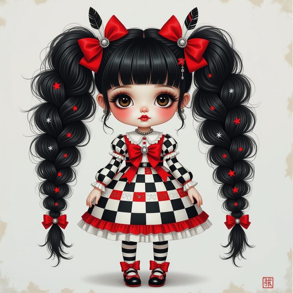 Stylized Girl with Pigtails in Mixed Media Style