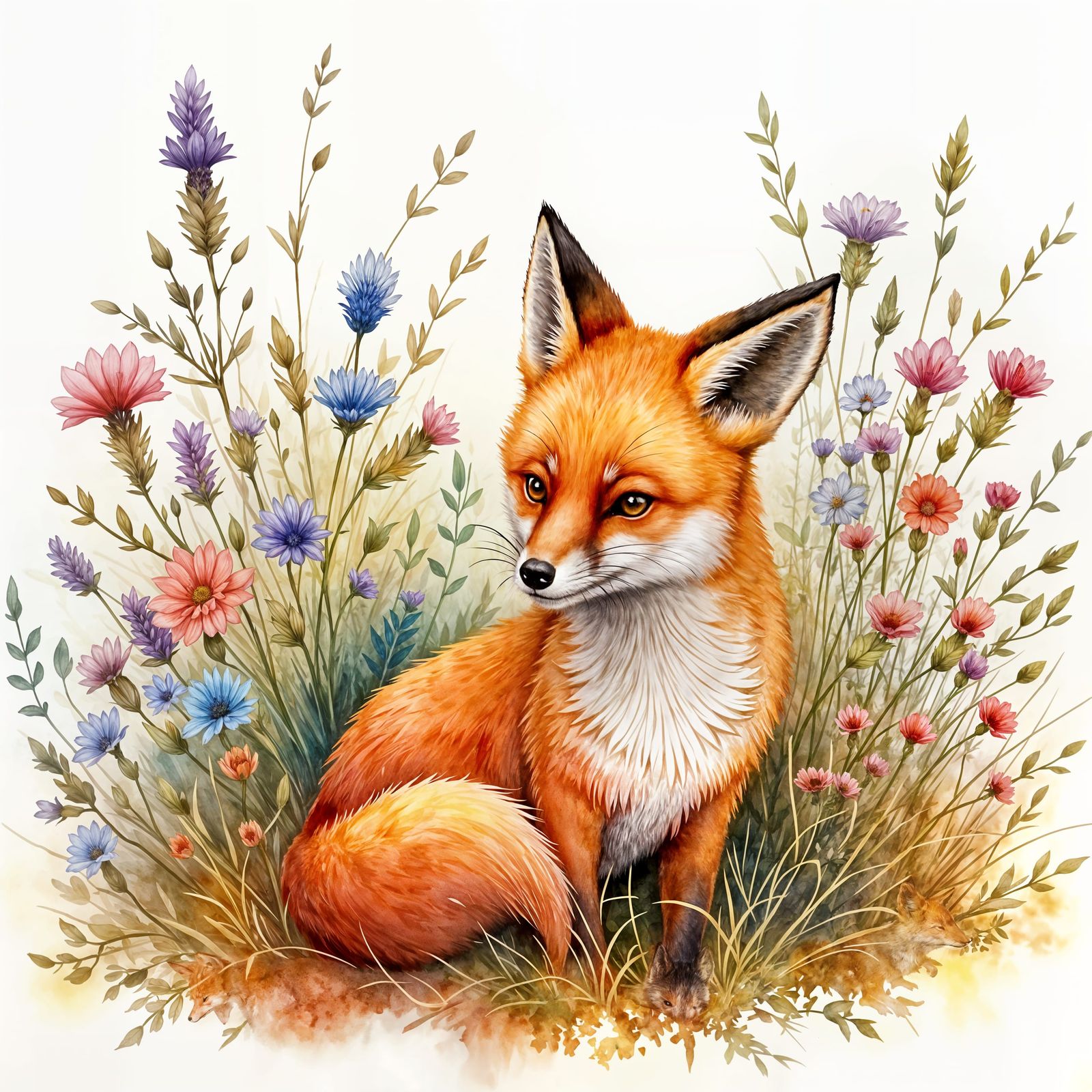 Young Fox Peeking From Wildflowers in Autumn