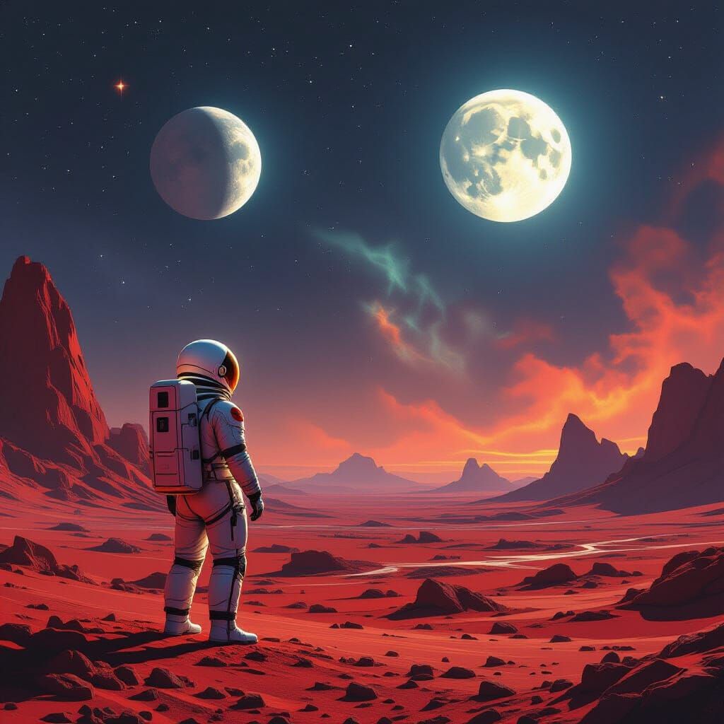 Astronaut on Alien Planet Gazing at Cosmic Sky