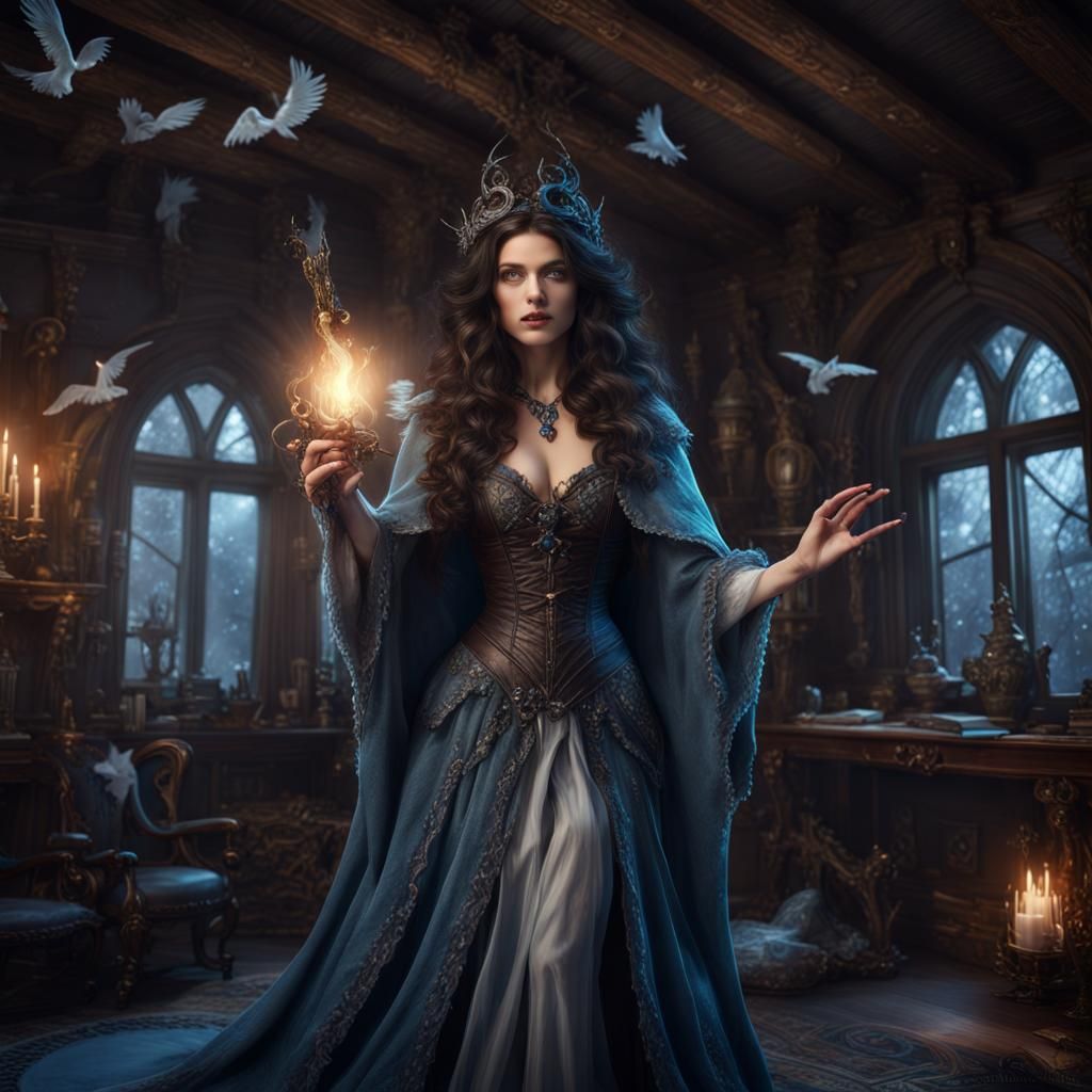 Winter Sorceress Conjuring Creatures: Fantasy Concept Art