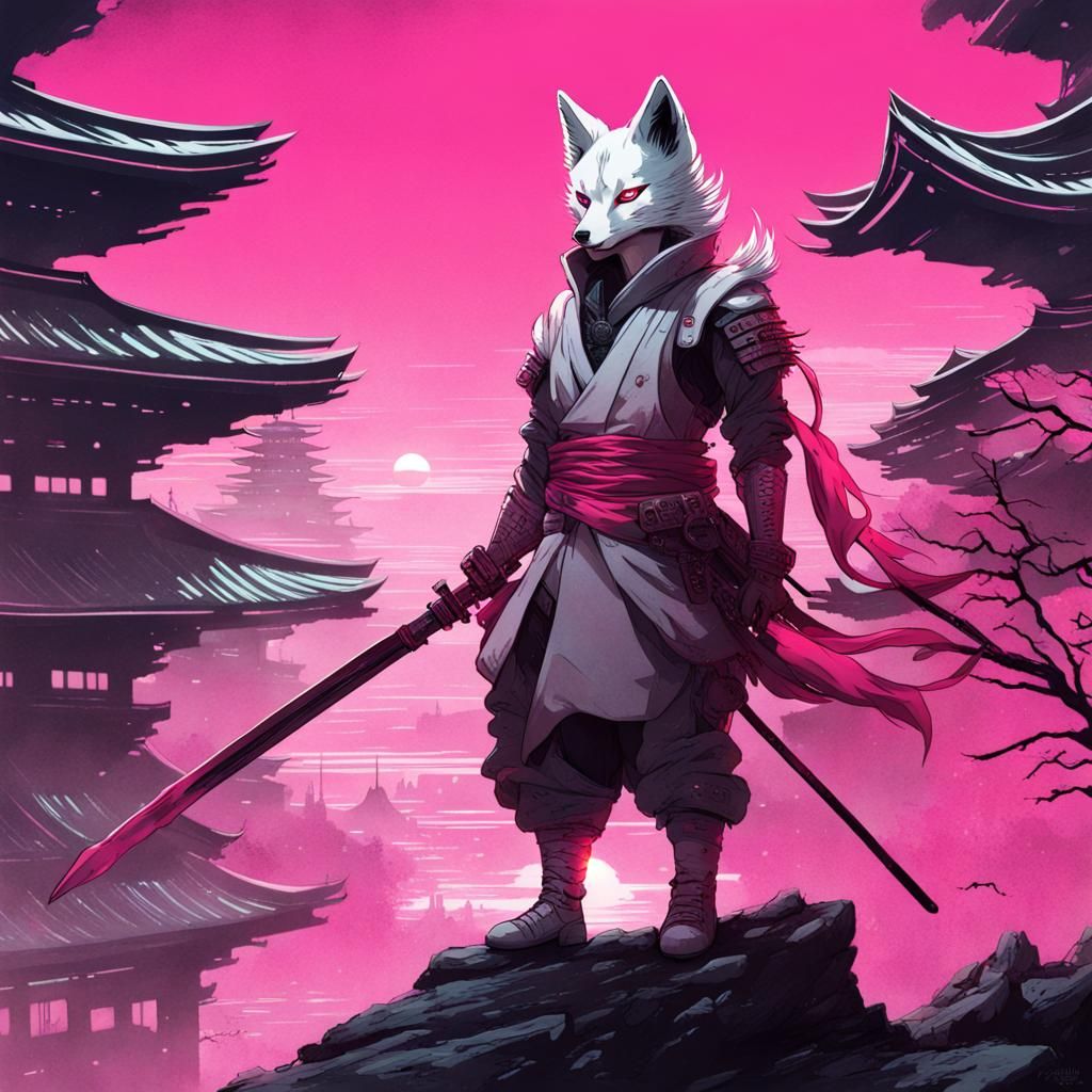 Cyberpunk Kitsune Warrior in Futuristic Japan