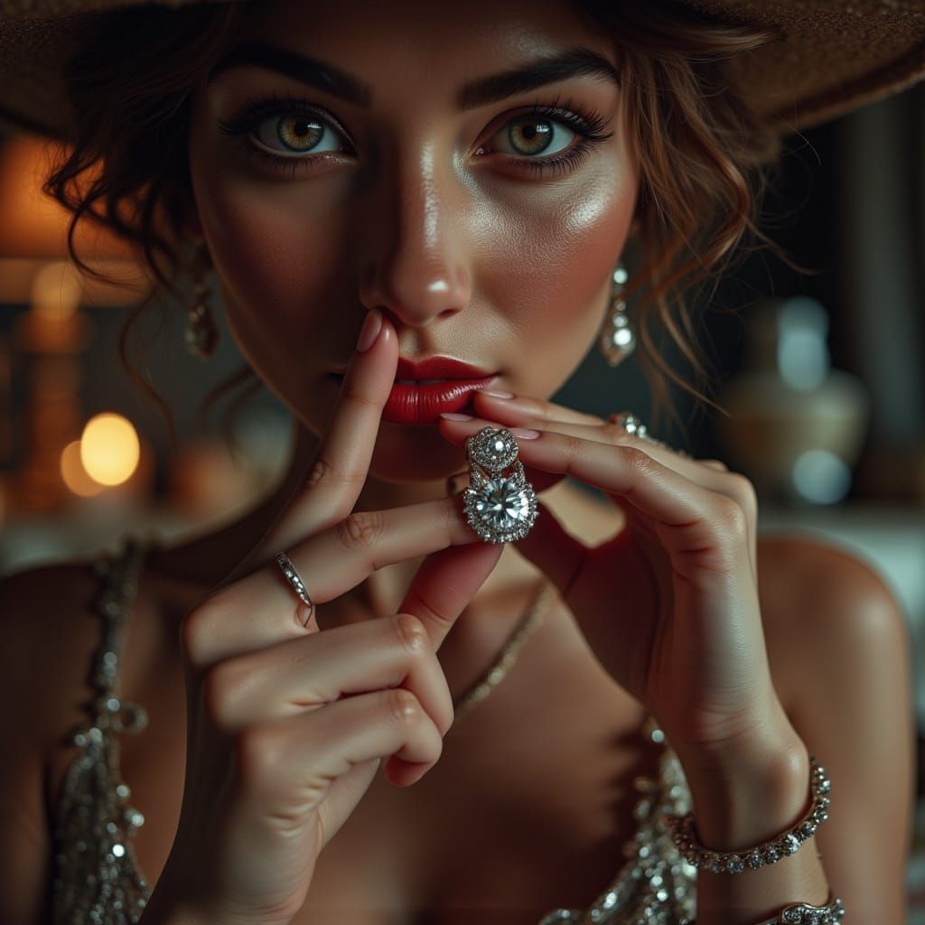 Noir Woman Investigates Diamond Ring: Photorealistic