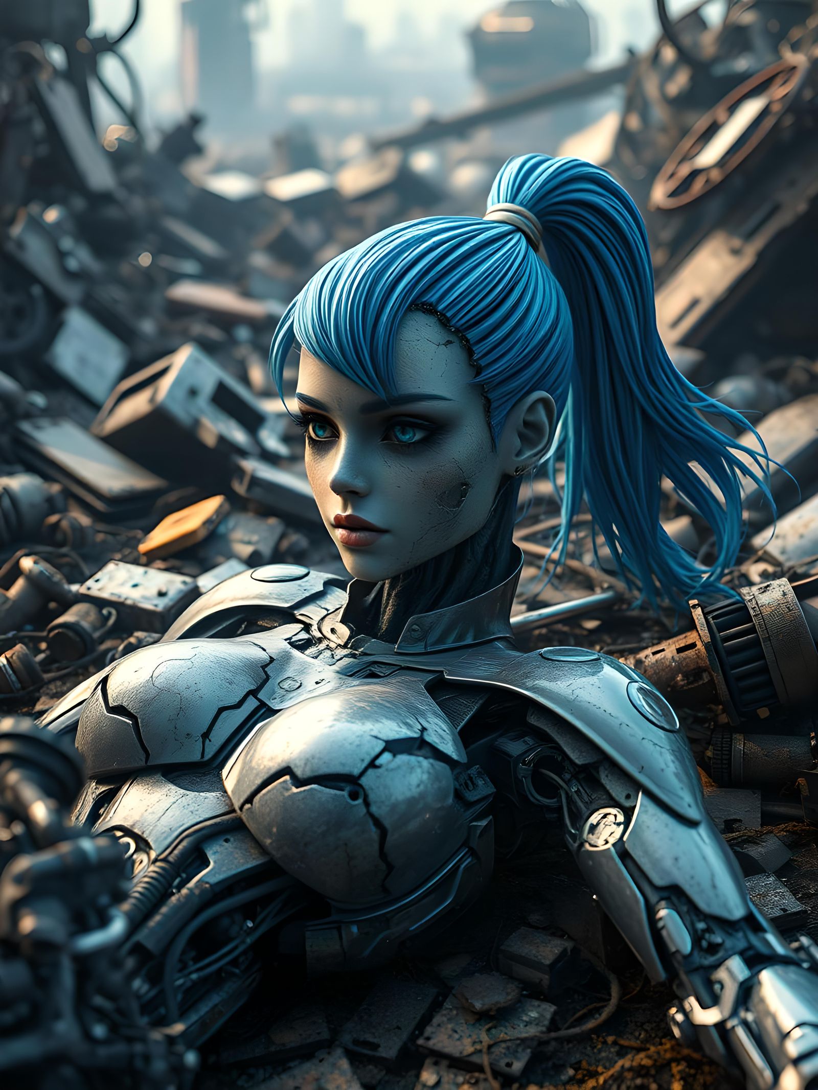 Broken Android on Cyberpunk Junkyard