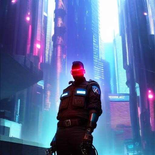 Cyberpunk Cop in Detailed Matte Painting Style