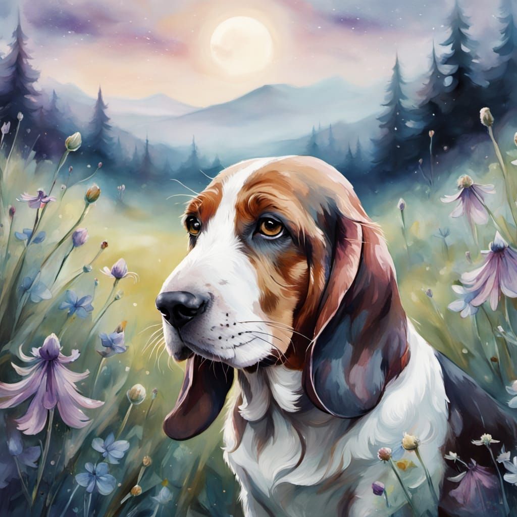 Basset Hound in Wildflowers: Watercolour Art