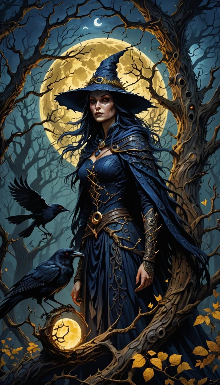Evil Witch and Crow in Dark Mystical Forest