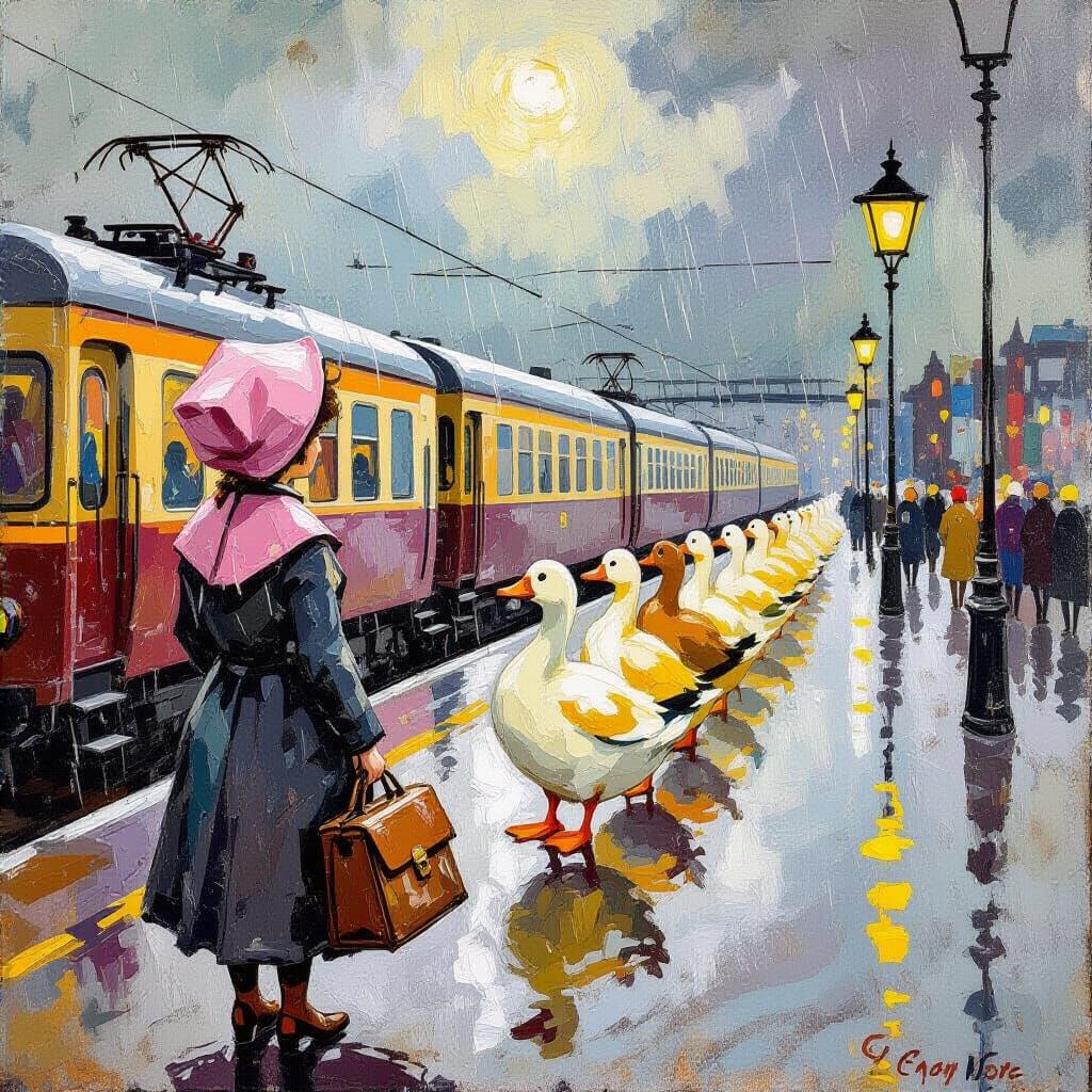 Hippo and Ducks Await Train: Gouache and Watercolor Sketch