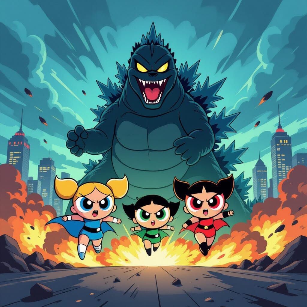 Powerpuff Girls Battle Godzilla in Comic Art Style