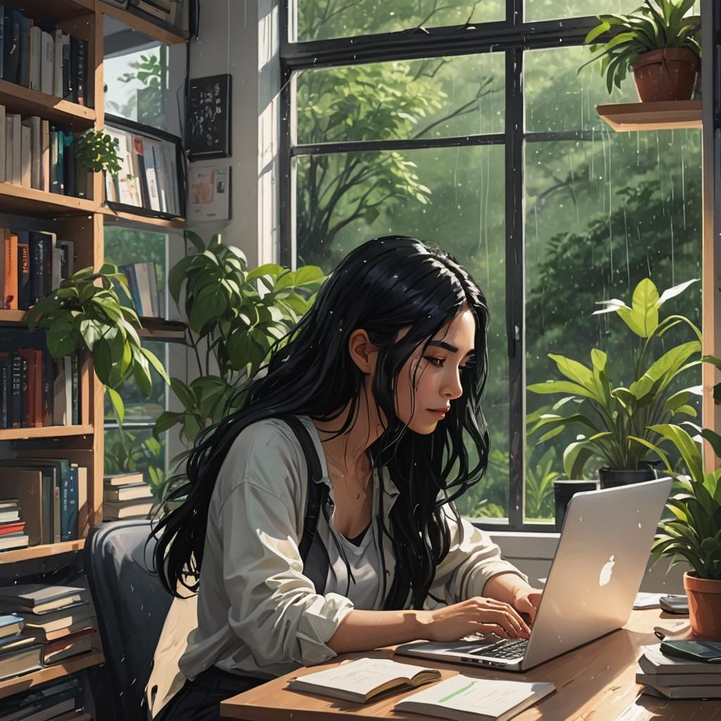 Woman Coding on Laptop in Cozy, Rainy Room