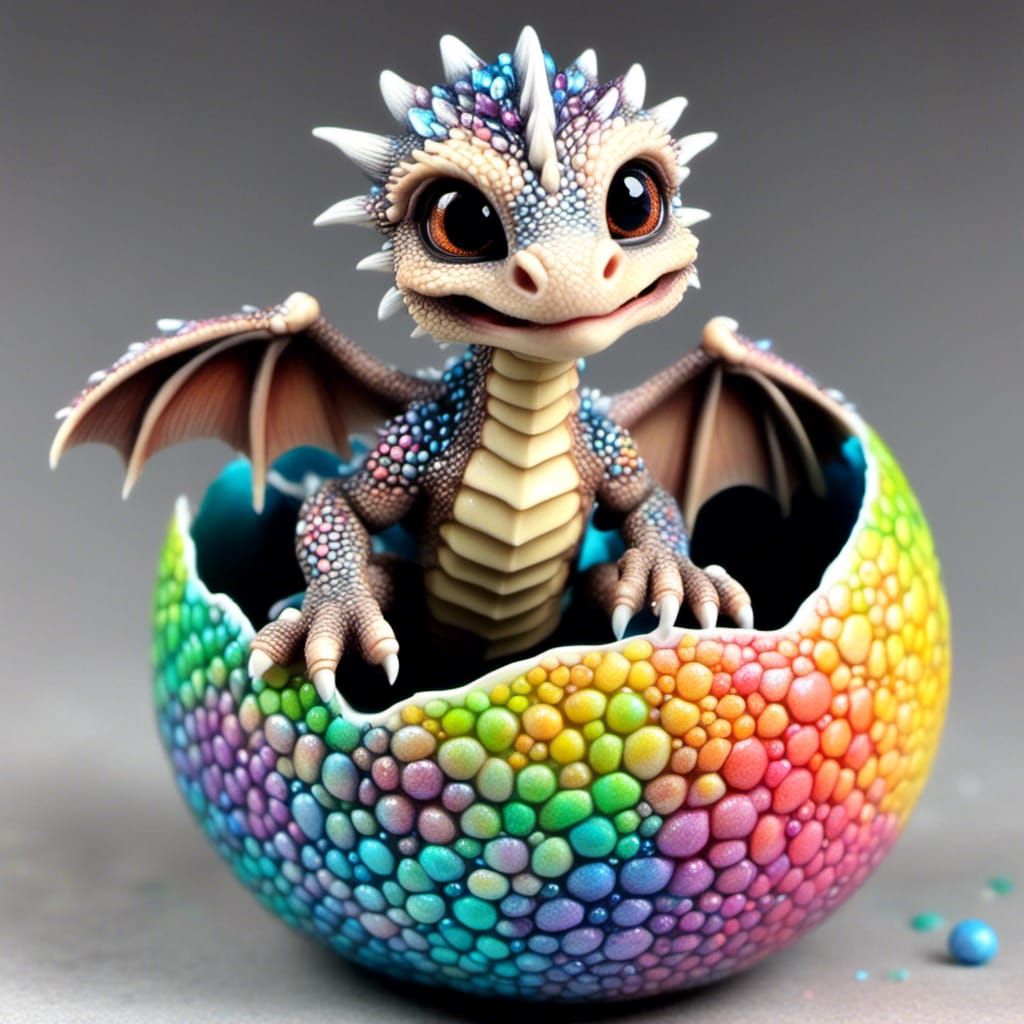Cute Multi-Colored Dragon Hatchling in Airbrush Art