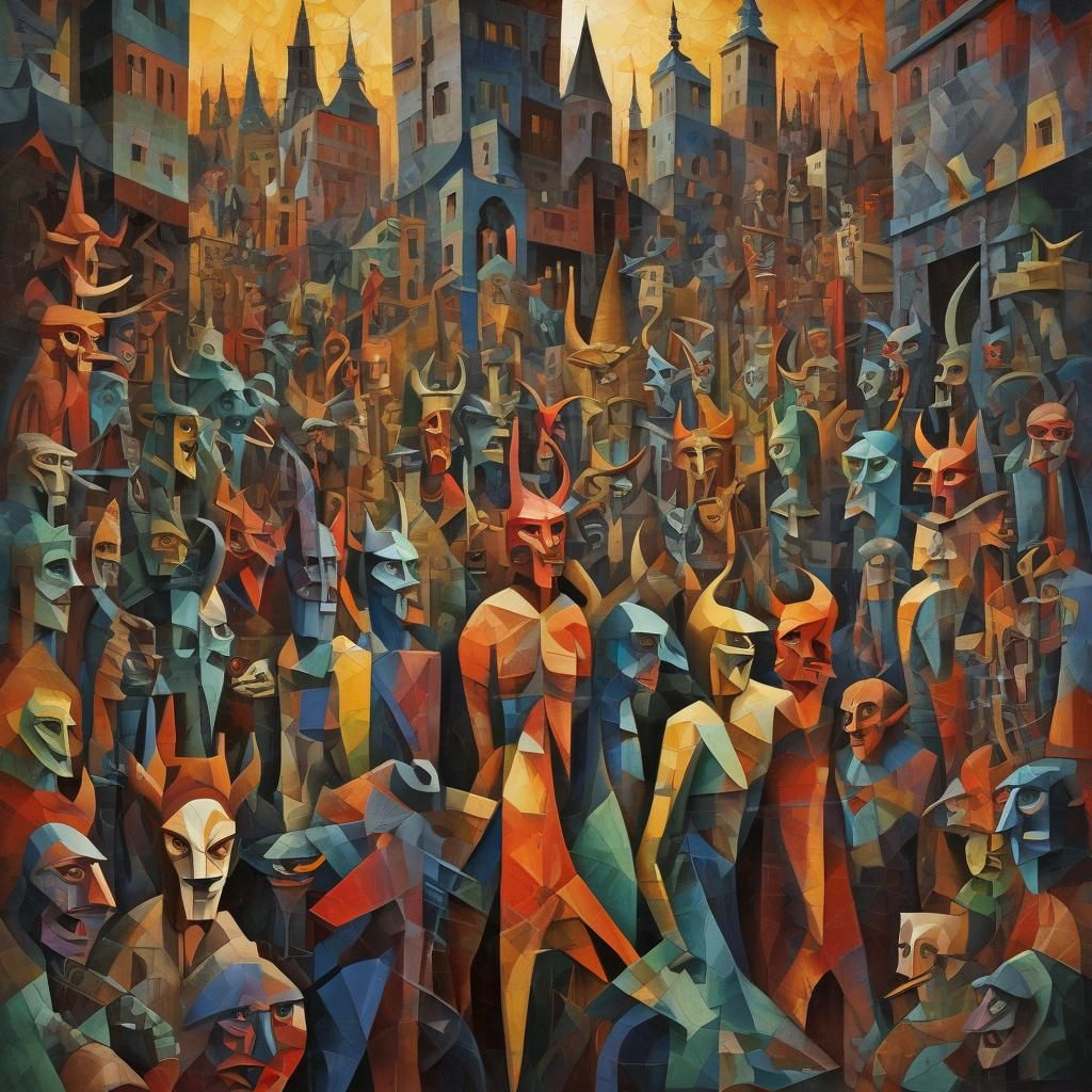 Demons in Mystical Marketplace: Abstract Cubism Art