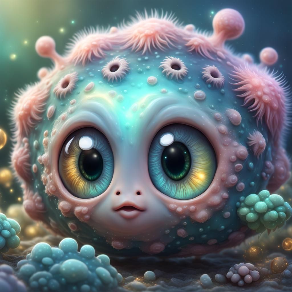 Adorable Chibi Amoeba Portrait with Rainbow Eyes