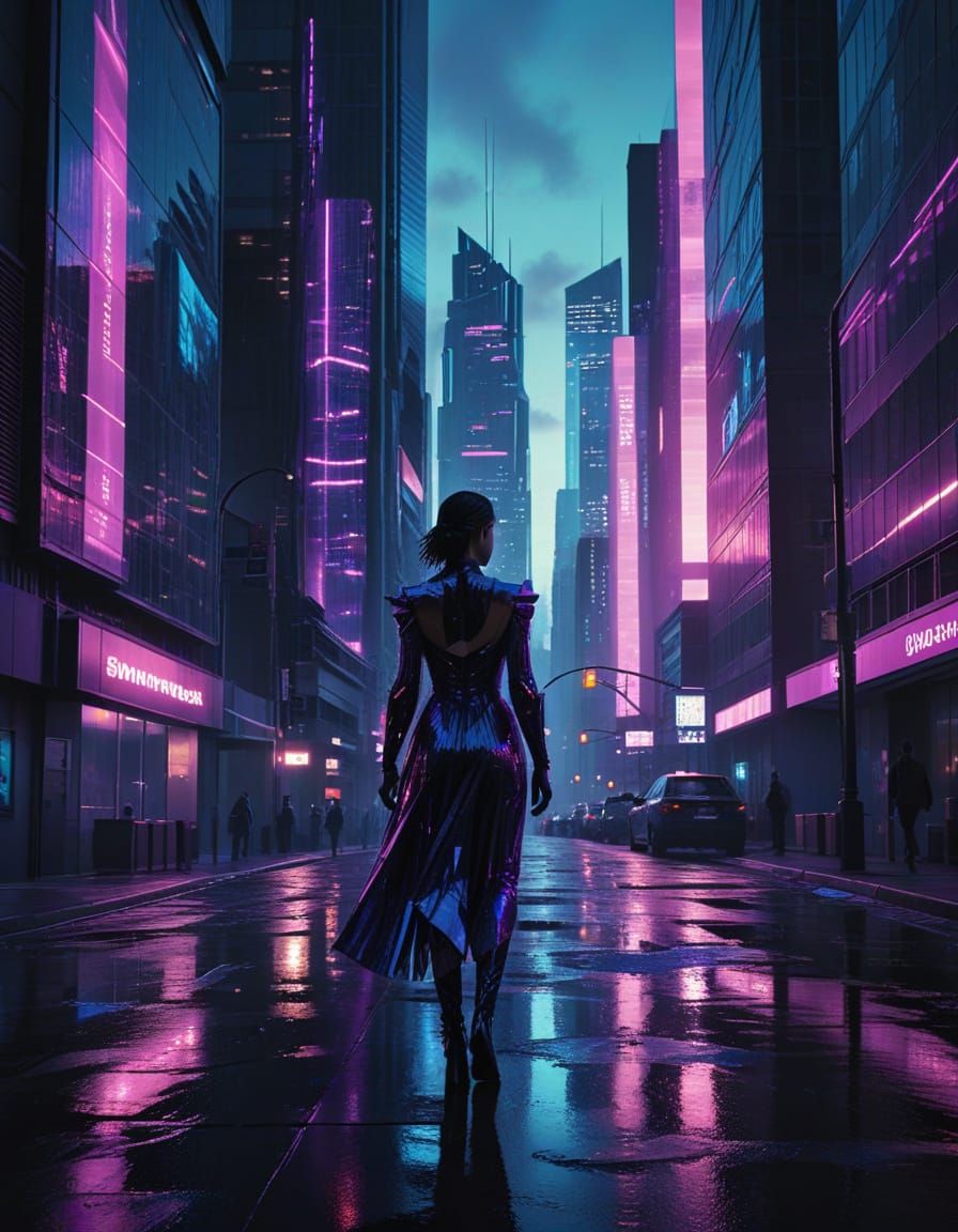 Cyberpunk Cityscape at Dusk with Glowing Glass Skyscrapers