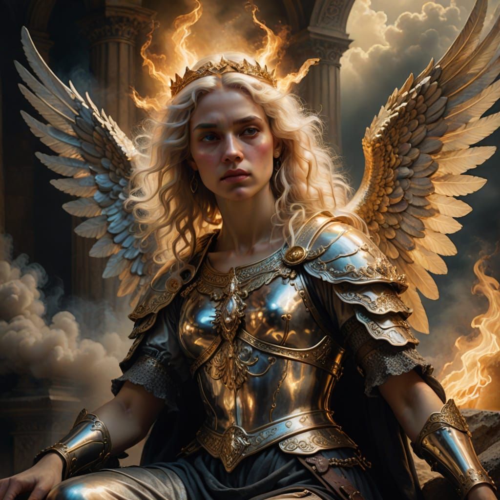 Majestic Angel in Renaissance Armor Descends from the Heaven...
