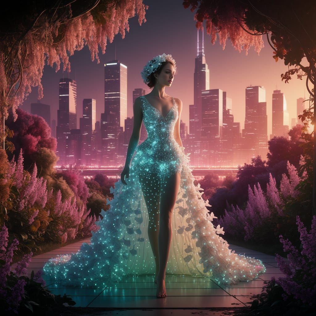 Bioluminescent Gown in Futuristic Garden