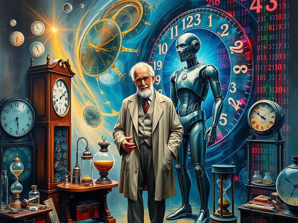 Surreal Time Portal Featuring Scientist and Cyborg