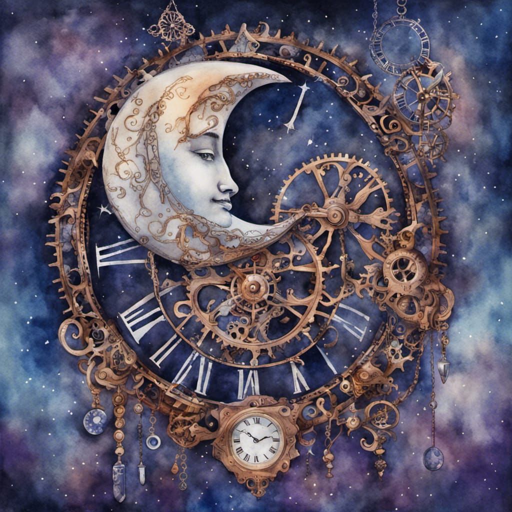 Ornate Clocks and Crescent Moon in Watercolor