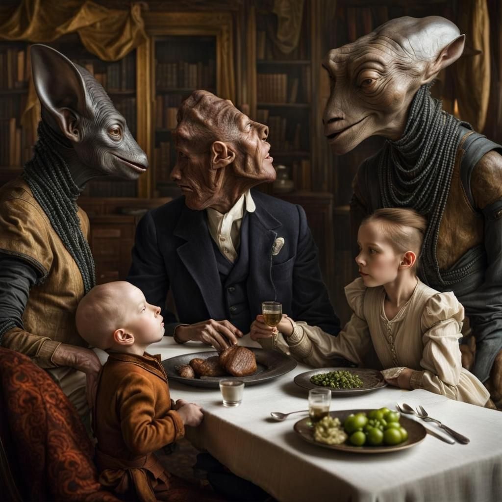 Surreal Alien Restaurant Celebration in Magical Realism