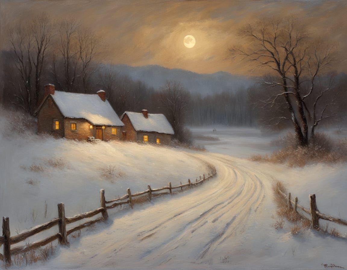 Snowy Village Under Moon in Tonalist Style