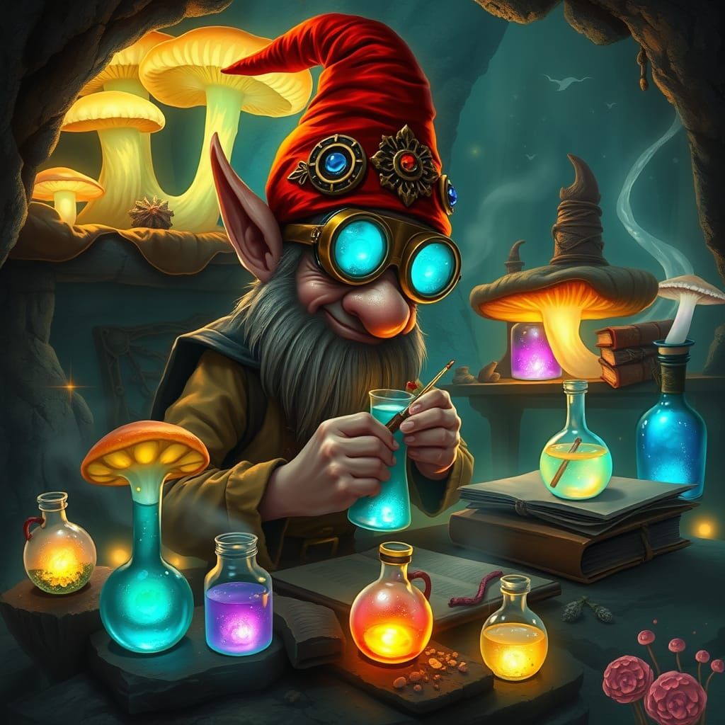 Gnome Alchemist in Ethereal Bioluminescent Cavern