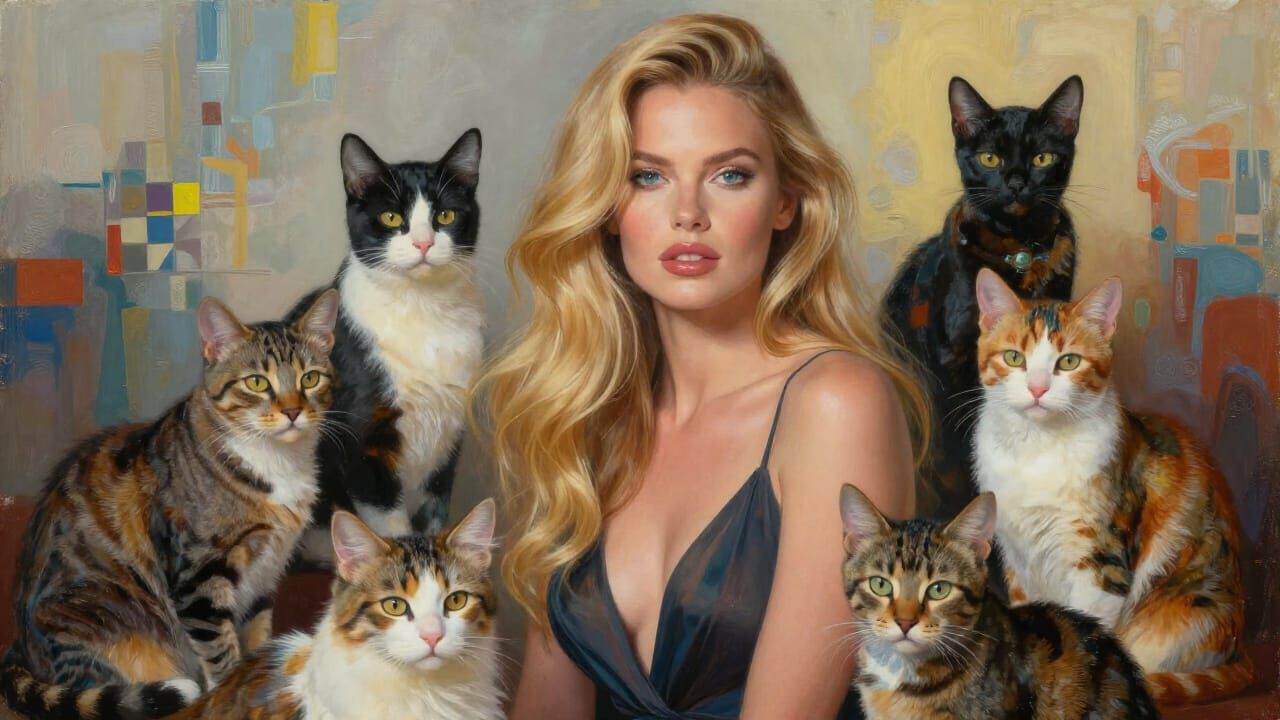 Sensual Blonde Woman Surrounded by Cats in Abstract Art Styl...