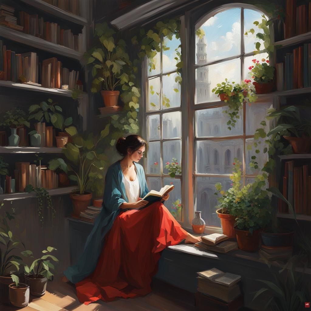 Woman Reading by Window with Plants, Digital Painting