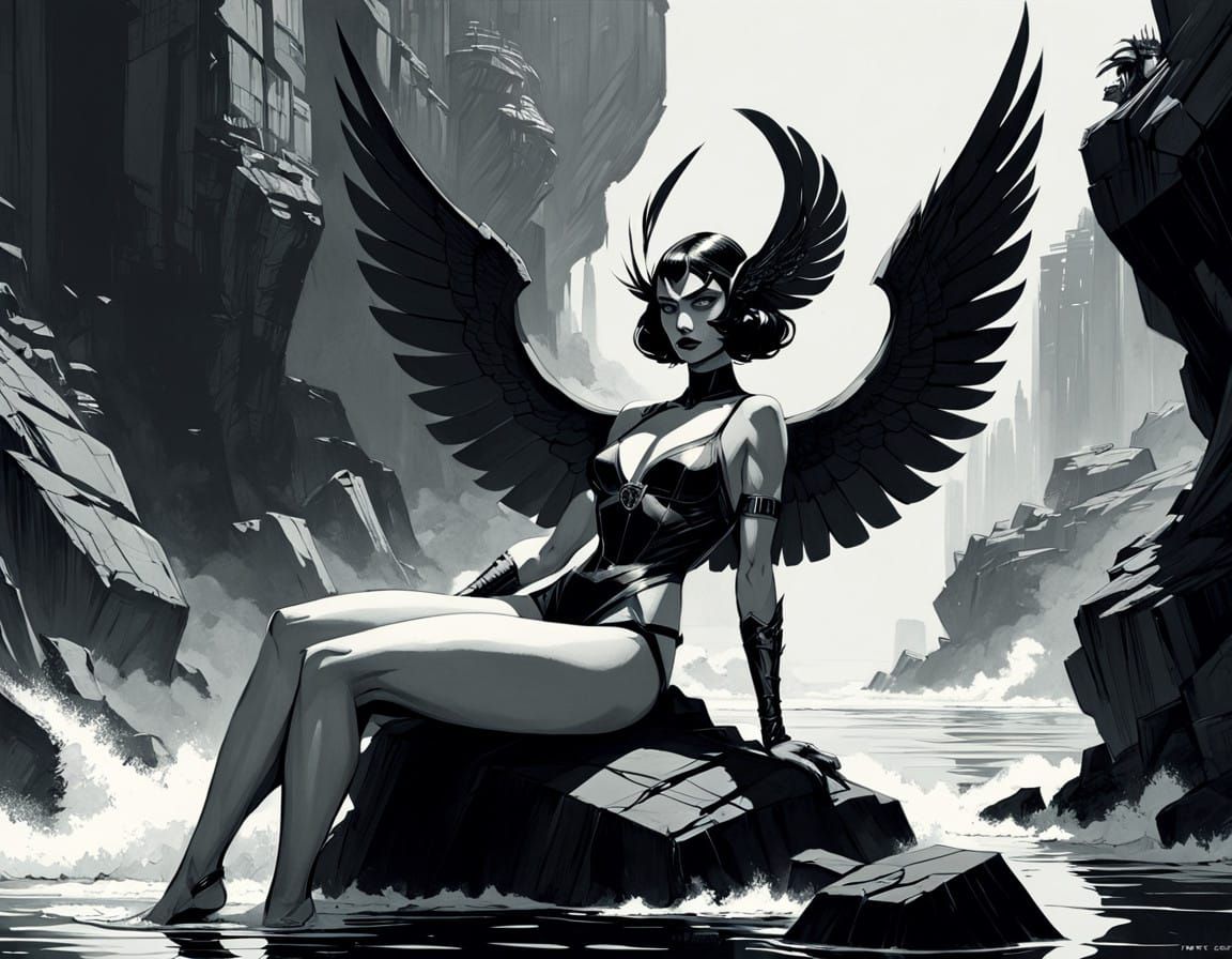 Fantastic winged creature, the upper half of its body is a beautiful woman the lower half its slender beautiful legs, it...