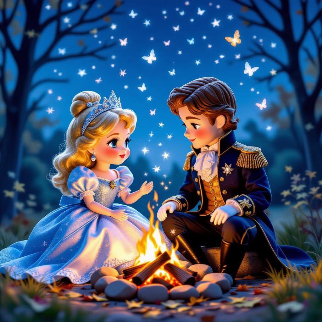 Cinderella and Prince Charming Stargazing by Bonfire