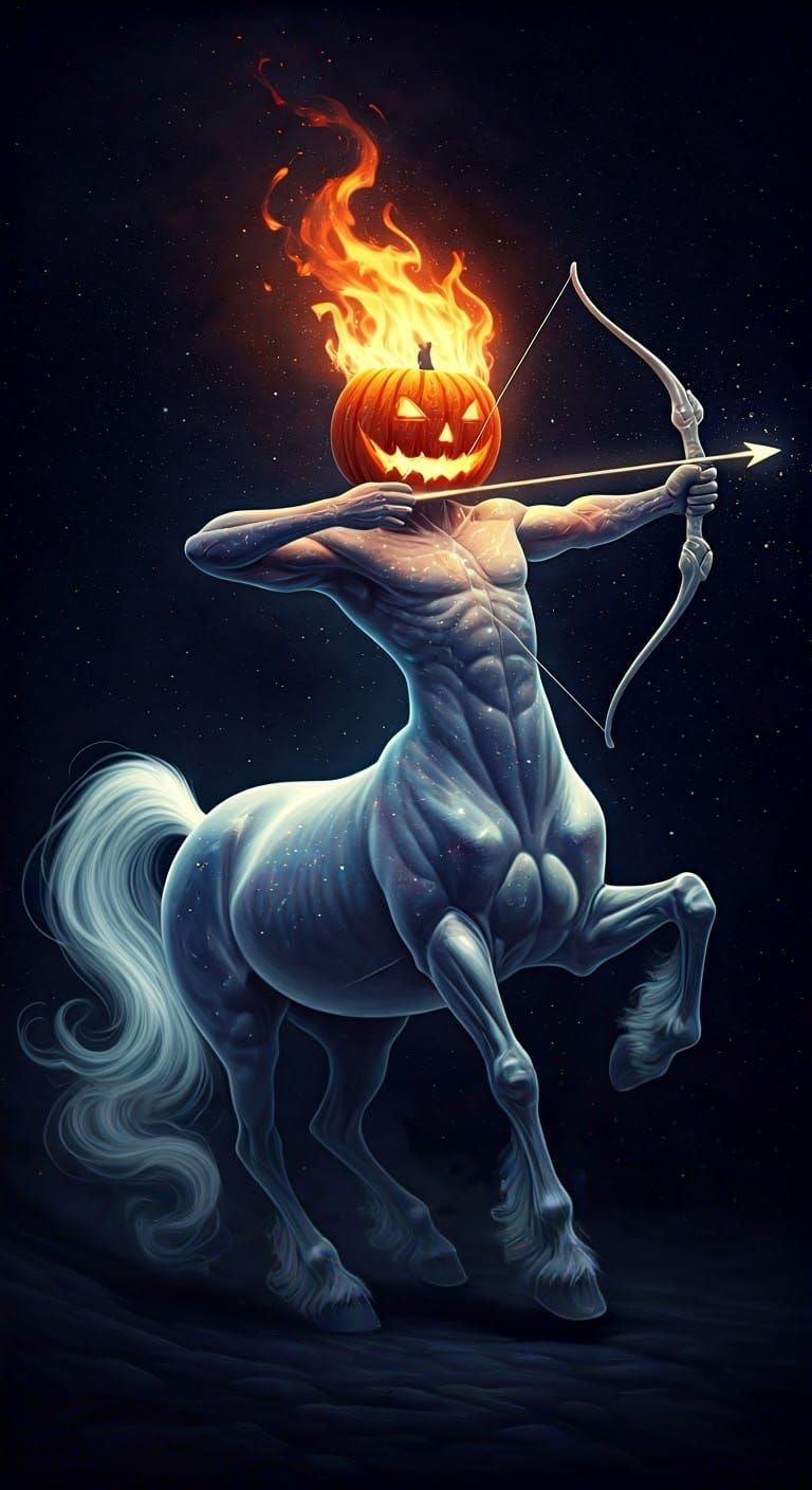 Flaming Jack-O-Lantern Centaur in Starry Night