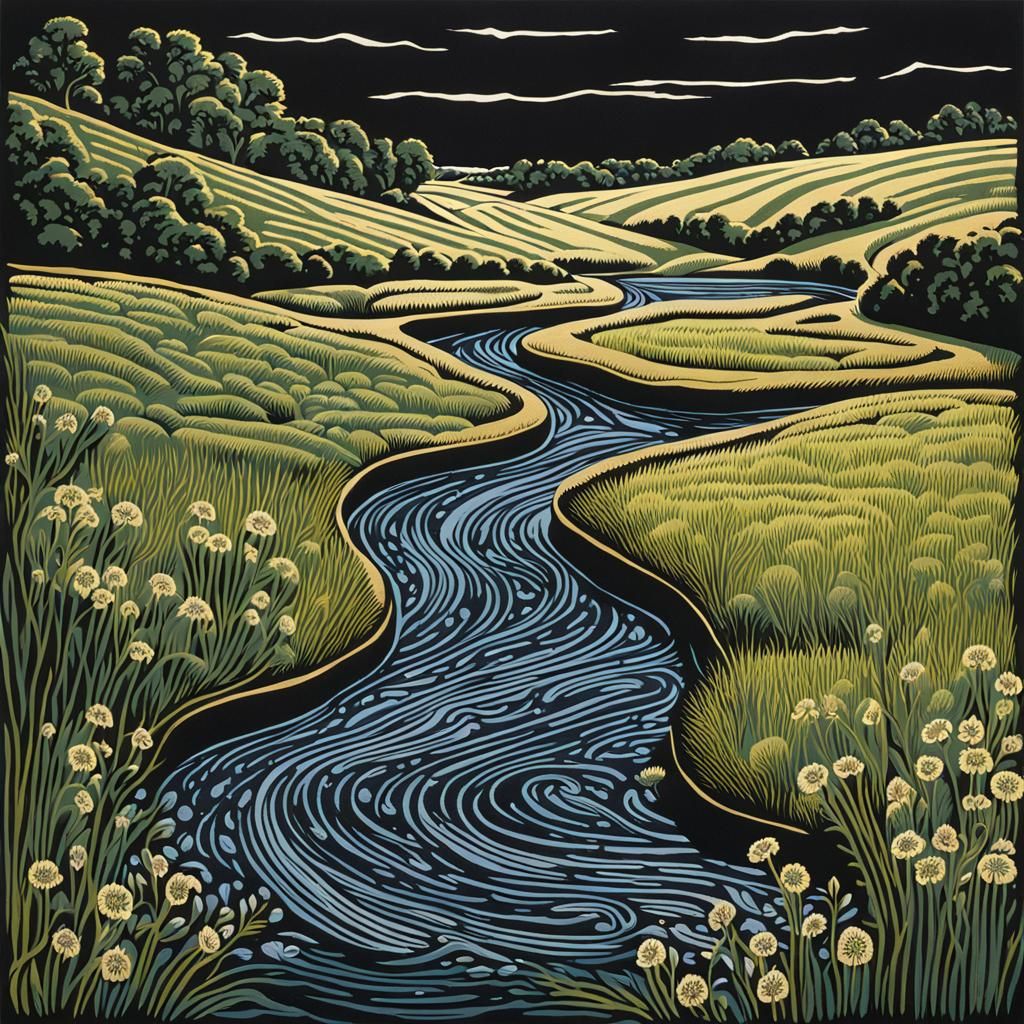Linocut of River Winding Through Meadow