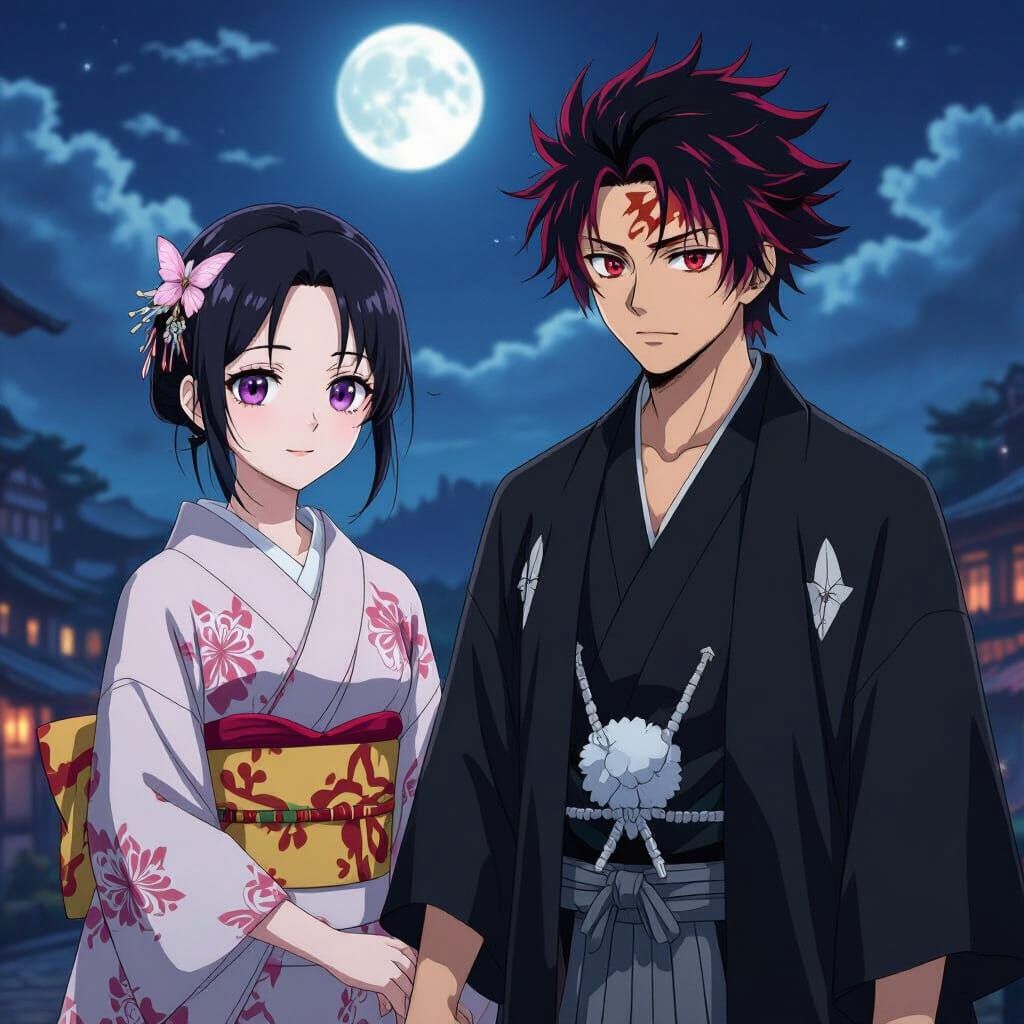 Anime Couple in Kimonos under Moonlight