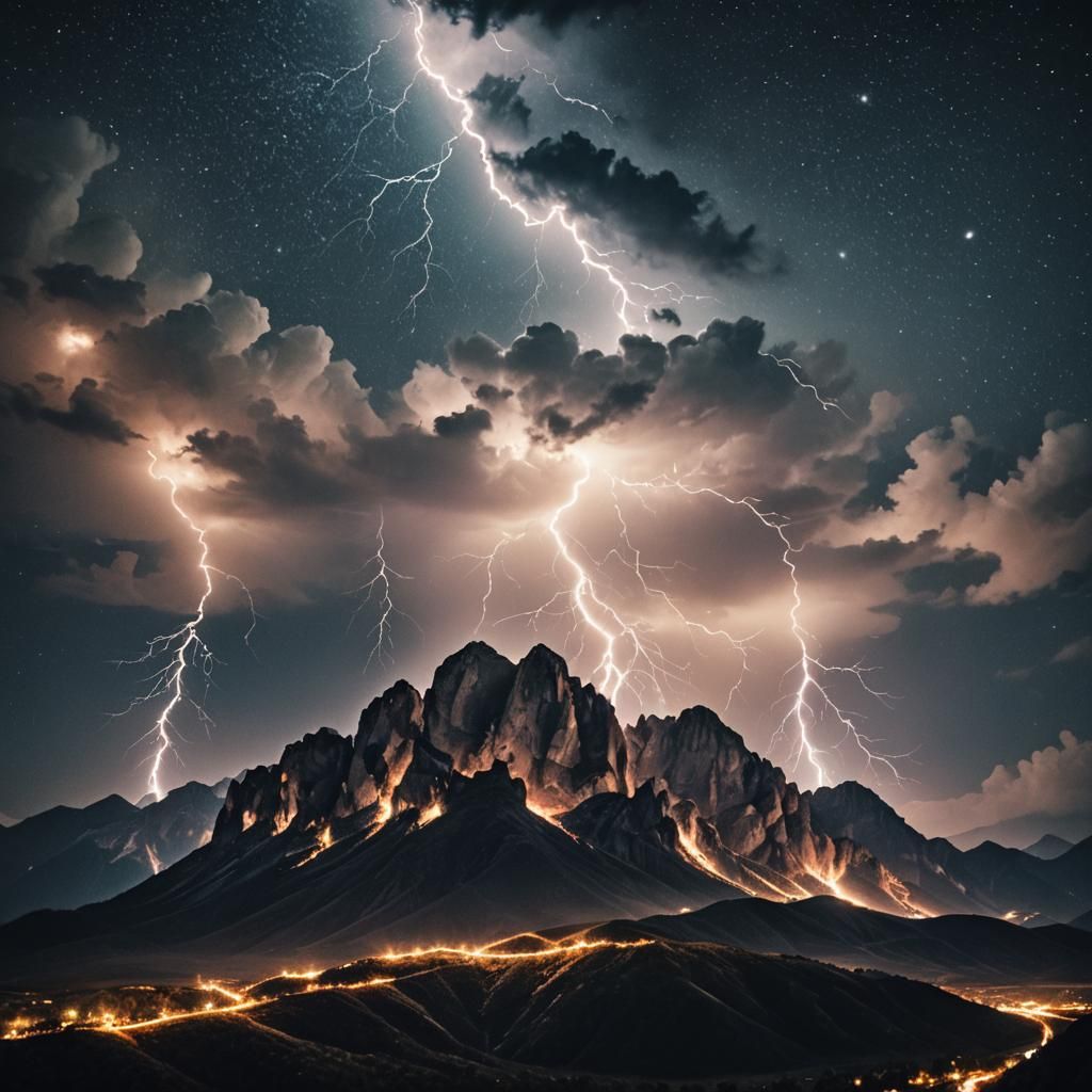 Dramatic Lightning Strikes Mountain Range at Night