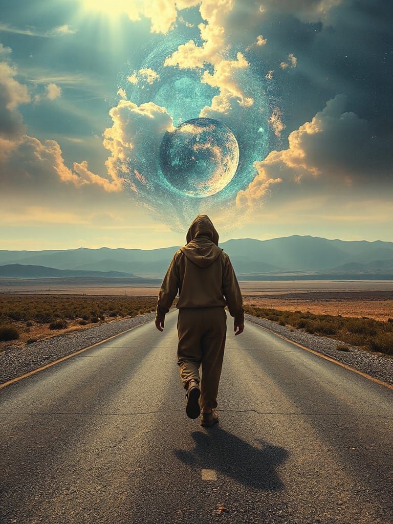 Figure Walks Deserted Road in Dreamlike Landscape