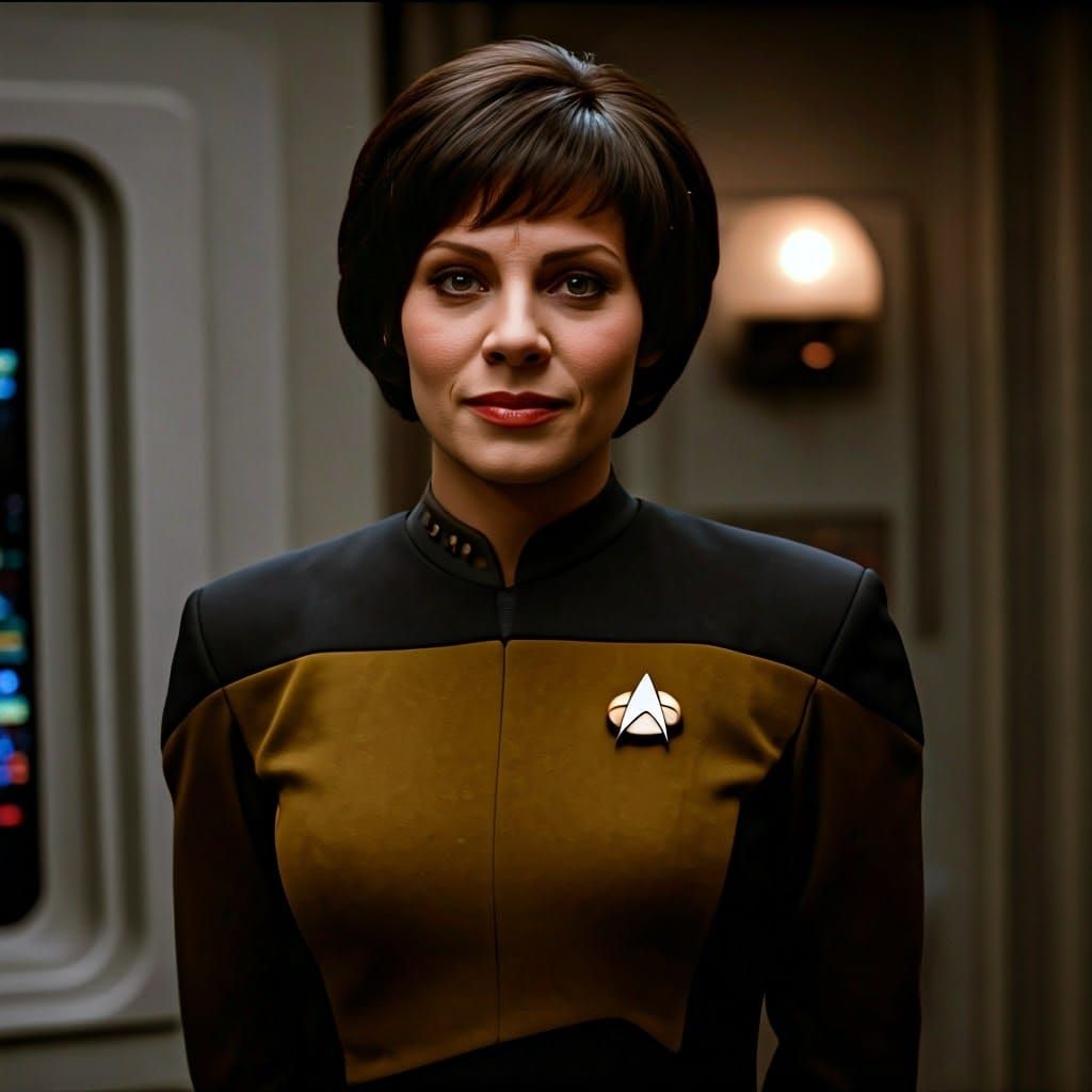 Ezri Dax in Fitted Starfleet Uniform, Warmly Lit Portrait