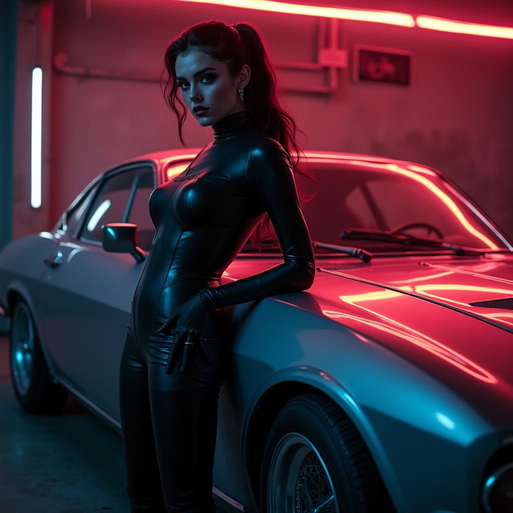 Confident Woman in Cyberpunk Latex Dress Leans Against Vinta...