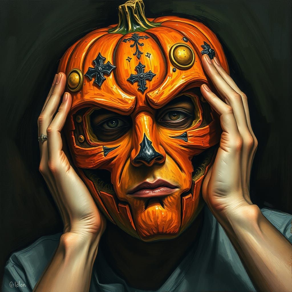 Man Reveals Sorrowful Face Behind Pumpkin Mask