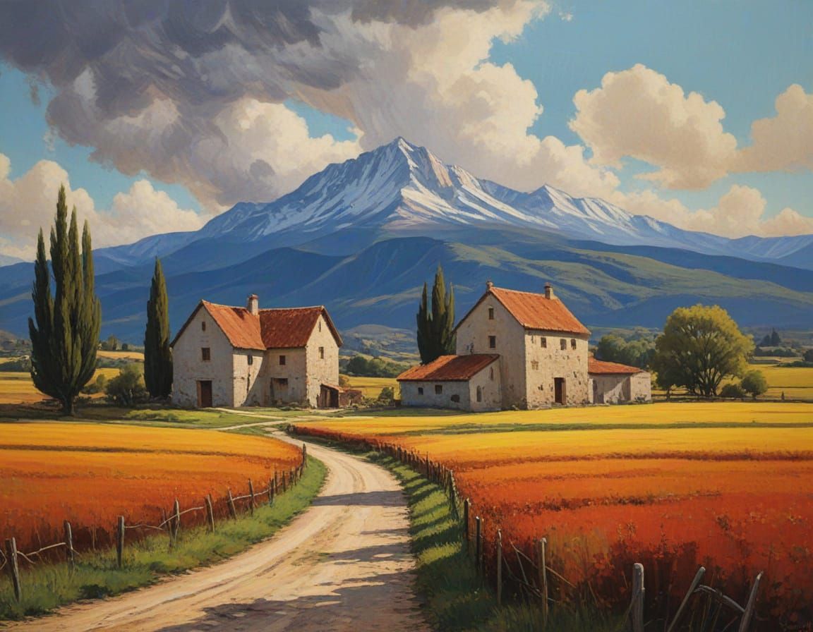 Spanish Farm Under Dramatic Sky Oil Painting
