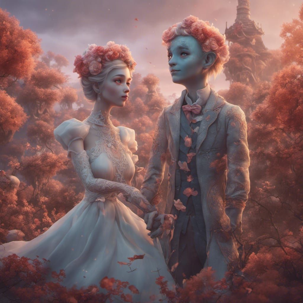 Cute Ghost Couple in Love: Detailed Matte Painting