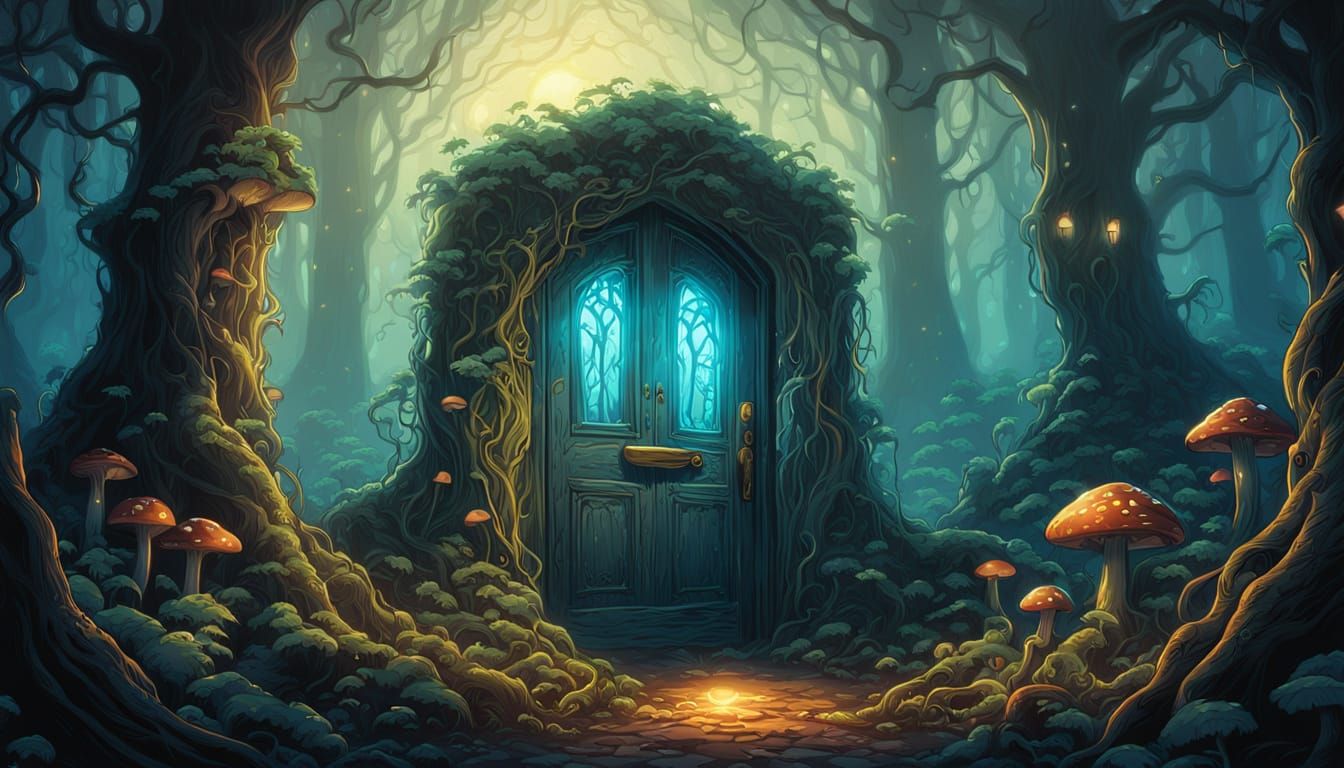 Mystical Door in Foggy Forest: Comic Book Art