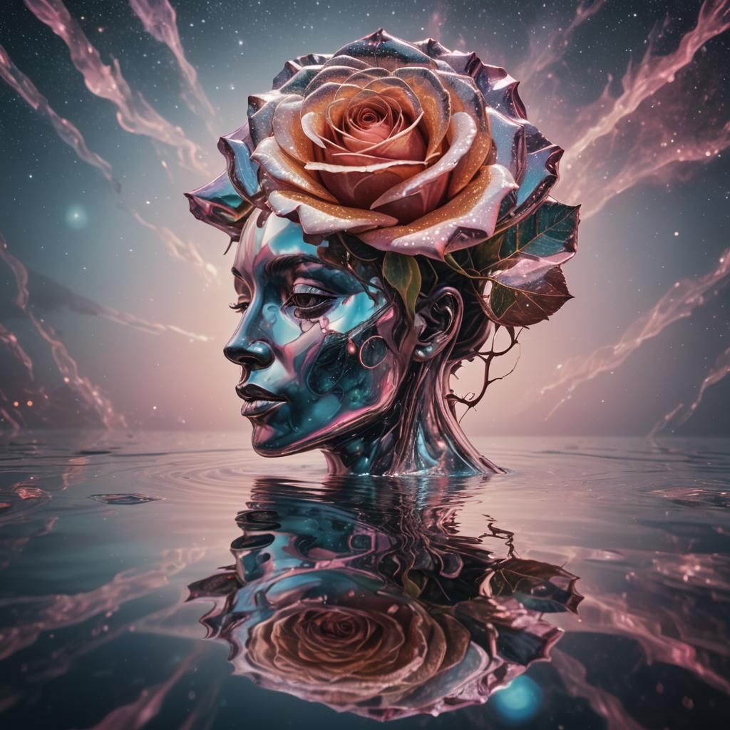 Rose Humanoid Contemplates Reflection: Astral Illustration