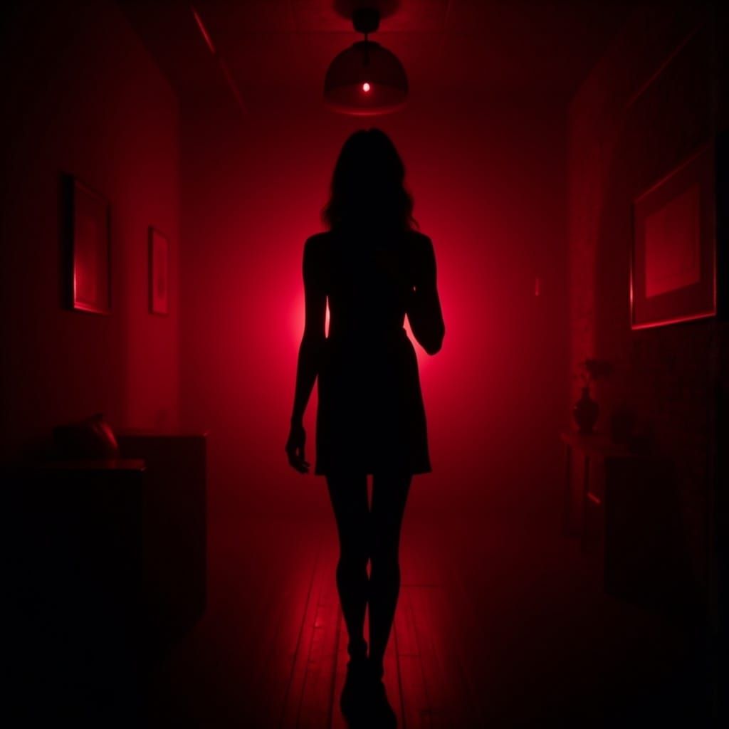 Woman's Silhouette in Dark Room with Red Lighting