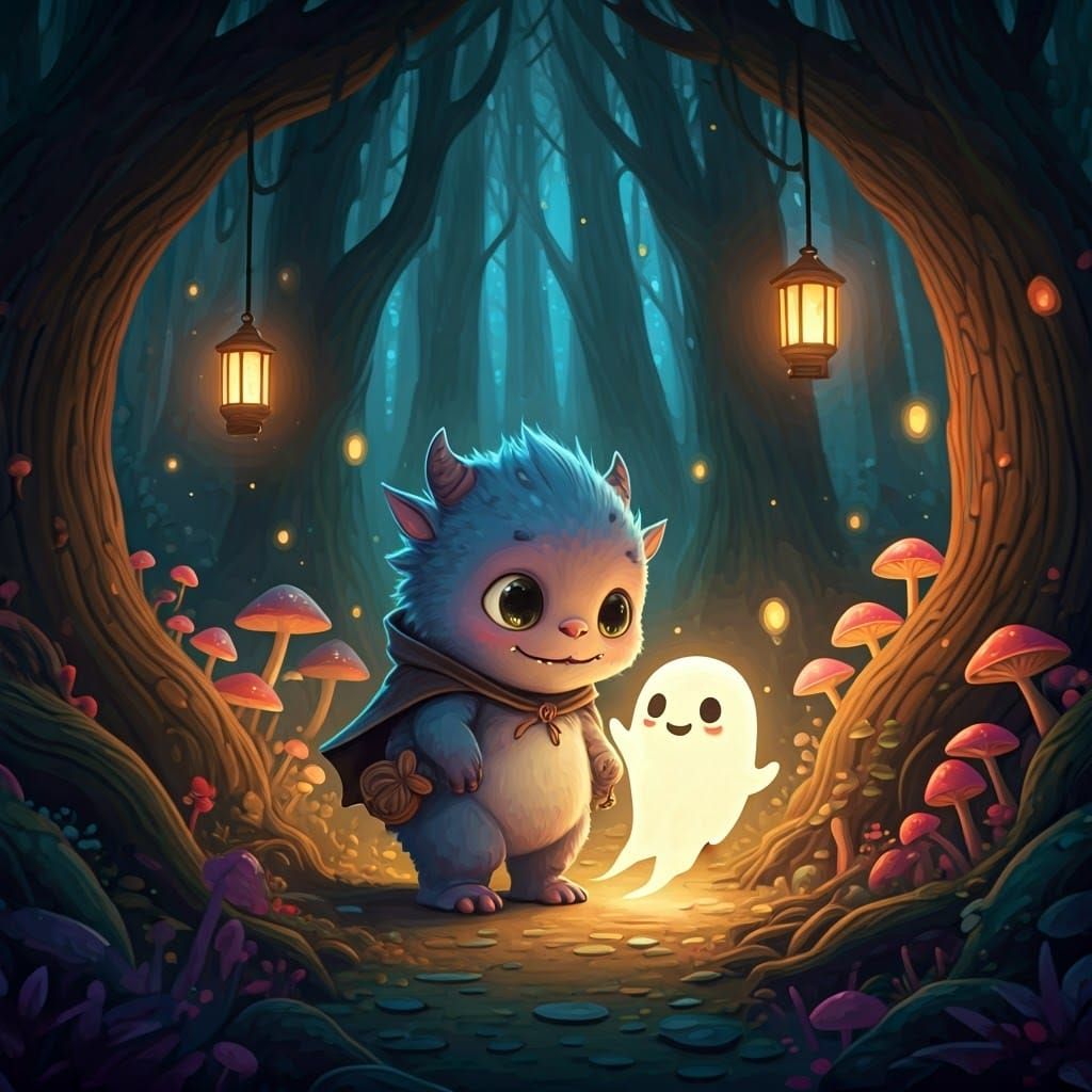 Fluffy Monster and Ghost in Moonlit Forest