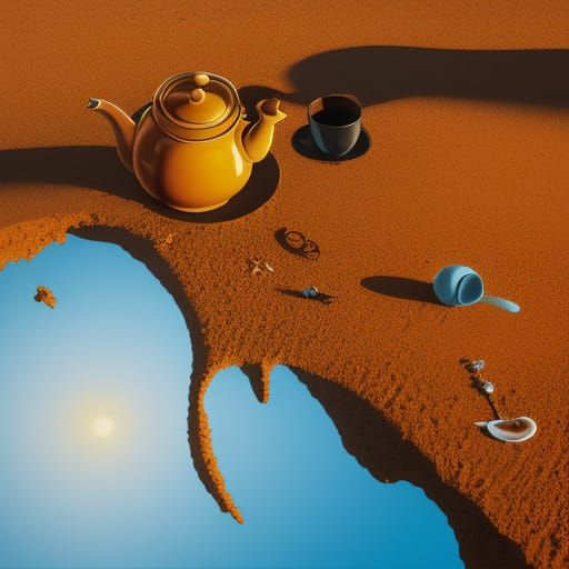 Surreal Teapot Parachute Over Desert, Dali Style